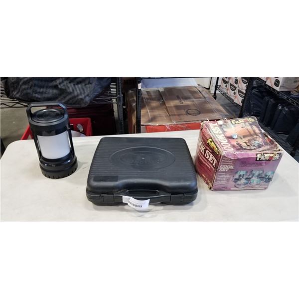COLEMAN LANTERN, BUTANE COOKER AND ALUMINUM COOK SET