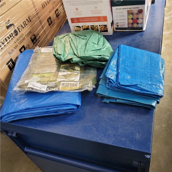 ASSORTED SMALL TARPS AND NEW CAMOFLAUGE TARP