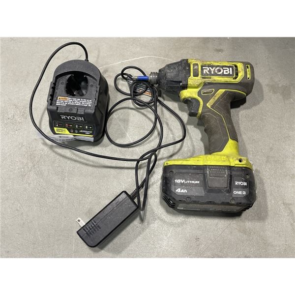 RYOBI 18V DRILL WITH 4AH BATTERY AND CHARGER, WORKING