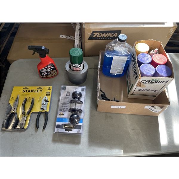 BOX OF DOOR HANDLE DUCT TAPE, PAINT, TOOLS