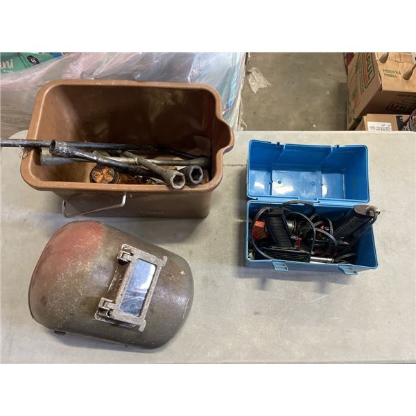 BUCKET OF TOOLS, WELDING HELMET AND WELLER SOLDERING IRONS IN BLUE PLASTIC CONTAINER