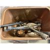 Image 2 : BUCKET OF TOOLS, WELDING HELMET AND WELLER SOLDERING IRONS IN BLUE PLASTIC CONTAINER
