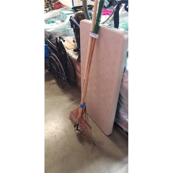2 AS NEW GARDEN RAKES AND WEED HOE