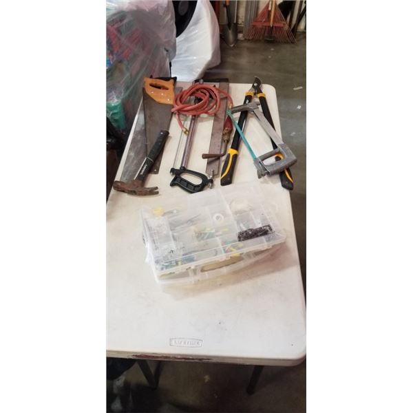 HANDSAWS, WELDING TORCH, LOPPERS AND 2 ORGANIZERS WITH CONTENTS