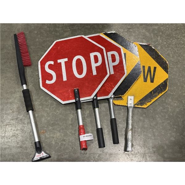 4 STOP / SLOW SIGNS AND SNOW BRUSH