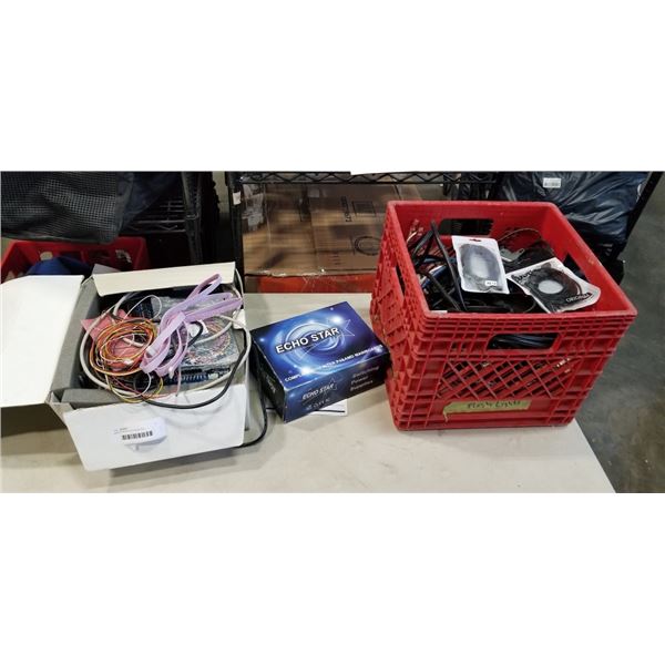 CRATE AND BOX OF ASSORTED ELECTRONICS, CABLES ETC.