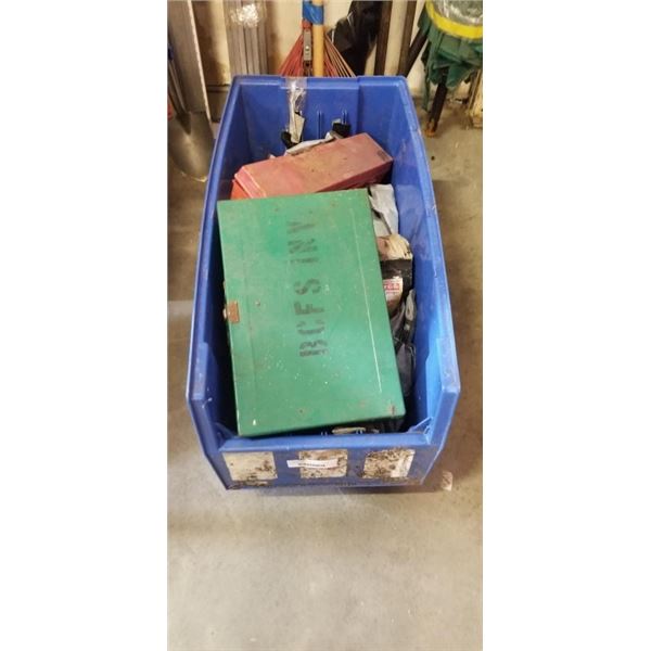 LARGE BIN WITH CURTAINS, TIRE CHAINS, CAMO STOVE, TRIANGLE FLARES AND MORE