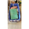 Image 1 : LARGE BIN WITH CURTAINS, TIRE CHAINS, CAMO STOVE, TRIANGLE FLARES AND MORE