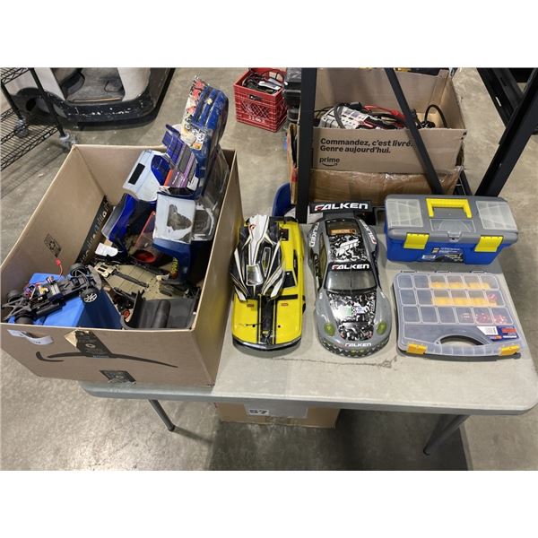 ASSORTED RC CAR PARTS, SMALL TOOL BOXES AND PARTS ORGANIZER