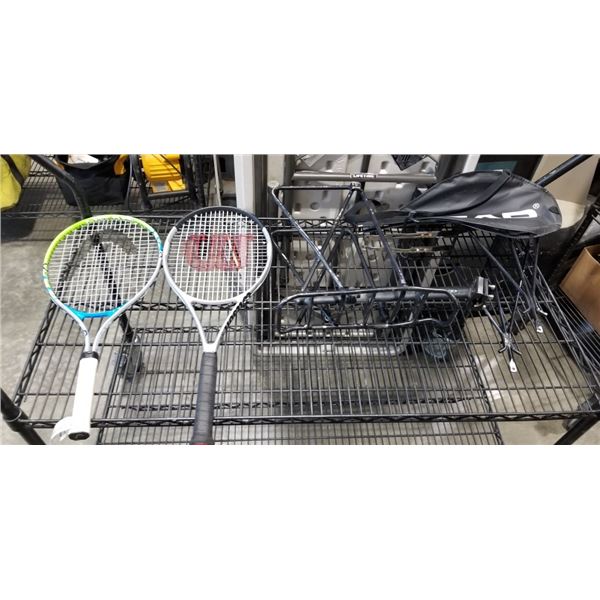 2 TENNIS RACQUETS AND 2 BIKE RACKS