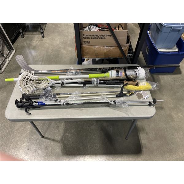 ASSORTED SPORTS ITEMS, HIKING POLES, MOP, GRABBERS ETC