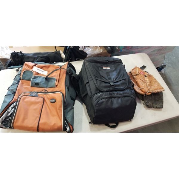 THERMOS BACKPACK, 2 BASEBALL GLOVES AND RIDGID COOLER PACK