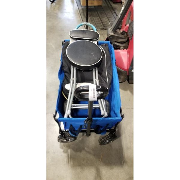 FOLDING BLUE WAGON, SHOPPING CART AND STOOL