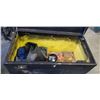 Image 3 : BLACK METAL CONTRACTOR BOX, WITH ASSORTED SHOP SUPPLY, RAIN GEAR ETC