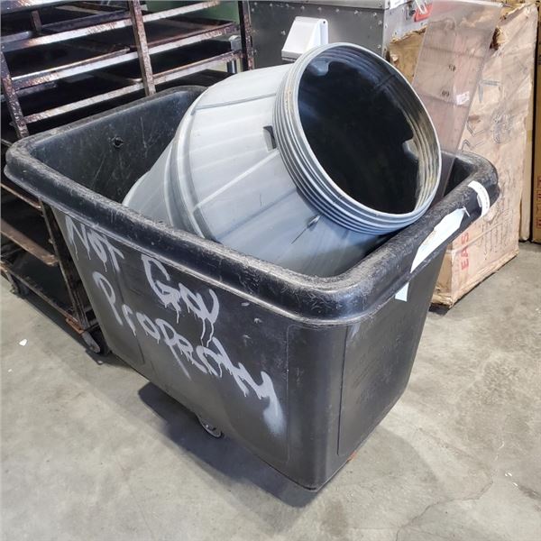 ROLLING WAREHOUSE BIN AND LARGE PLASTIC DRUM