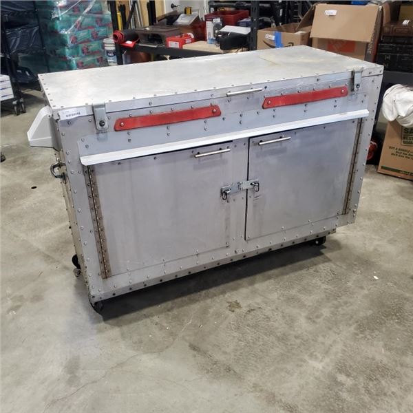 ROLLING ALUMINUIM WORKBENCH, STORAGE CHEST WITH TRAYS AND ORGANIZERS, FLIP TOP LID, 55 WIDE, 24 DEEP