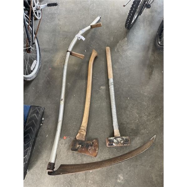 BUNDLE OF TOOLS: SCYTHE, AXE LOPPER AND SLEDGE