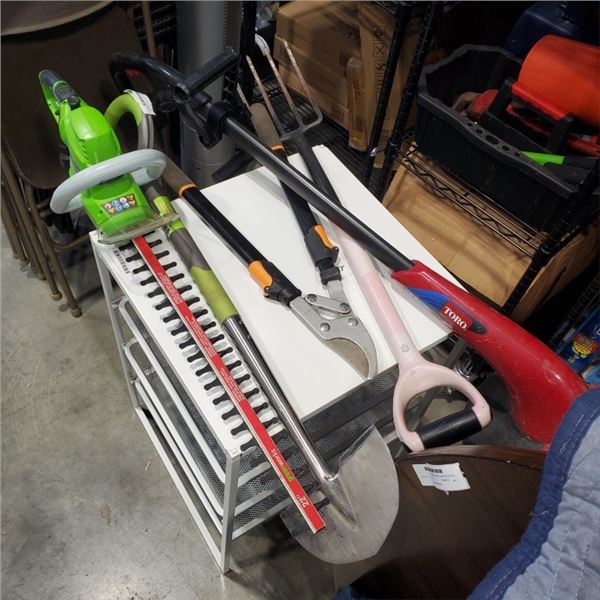 GARDENING TOOLS, WEED TRIMMER AND GREENWORKS ELECTRIC HEDGE TRIMMMER