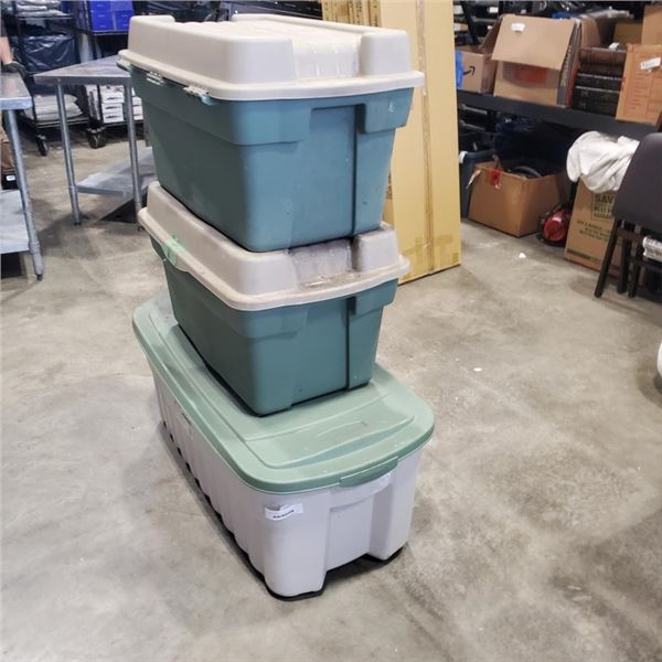 3 PLASTIC TOTES WITH BUILT IN LID