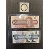Image 1 : 2 1986 CANADIAN BILLS AND COIN, $1 COIN PLUS MINT $2 AND $5 BILL