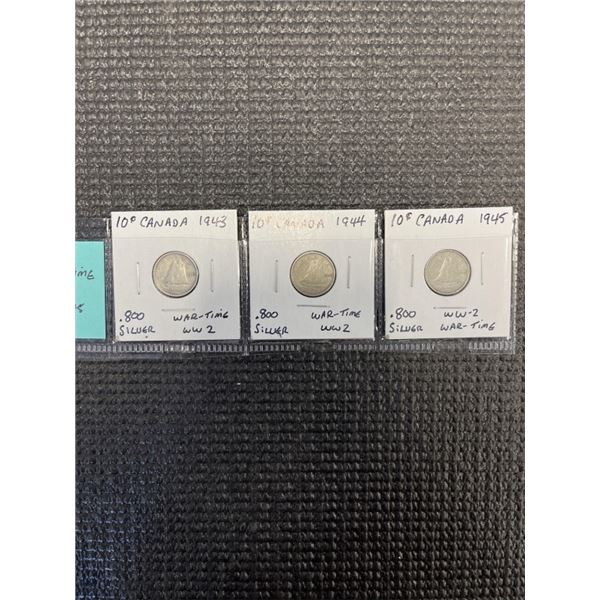 3 CANADIAN SILVER WAR TIME WW2 DIMES 1943, 1944, 1945 .800 SILVER