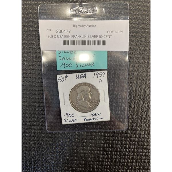 1959-D USA BEN FRANKLIN SILVER 50 CENT DENVER MINT .900 SILVER