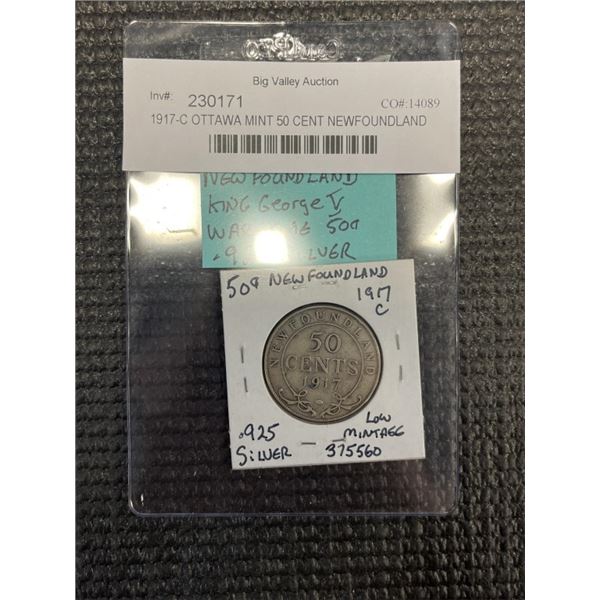 1917-C OTTAWA MINT 50 CENT NEWFOUNDLAND KING GEORGE V WAR TIME 50 CENT .925 SILVER