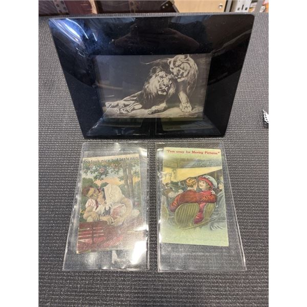 2 VINTAGE POSTCARDS AND BOWED GLASS FRAMED PRINT