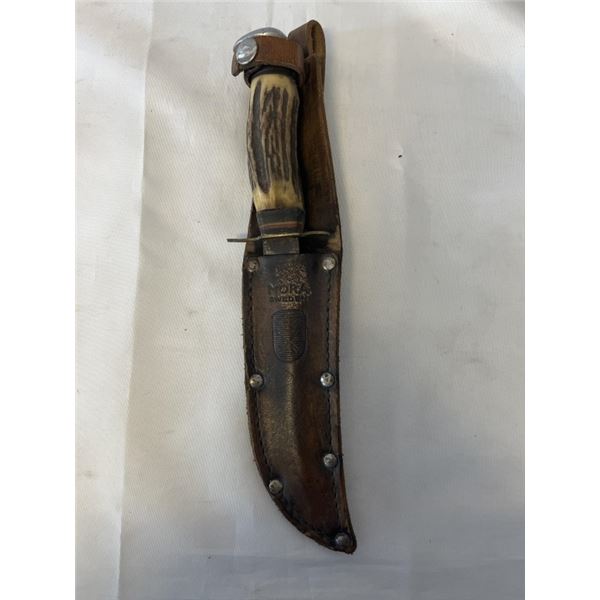VINTAGE BONE HANDLED KNIFE WITH SHEATH MARKED MORA SWEDEN