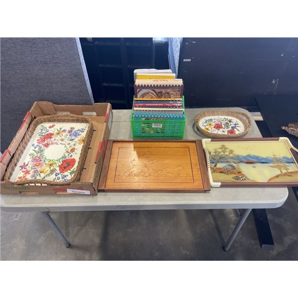BOX OF VINTAGE SERVING TRAYS AND COOKBOOKS