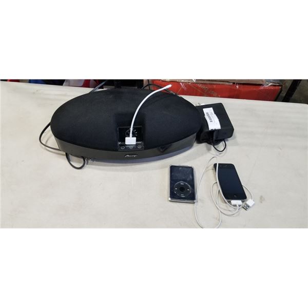 IPOD 30GB AND IPHONE WITH DOCKING STATION SPEAKER AND NIXON SPEAKER