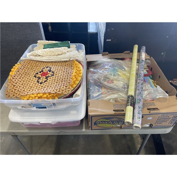 2 TOTE AND BOX OF WRAPPING PAPER, PLACEMATS AND DOILLIES