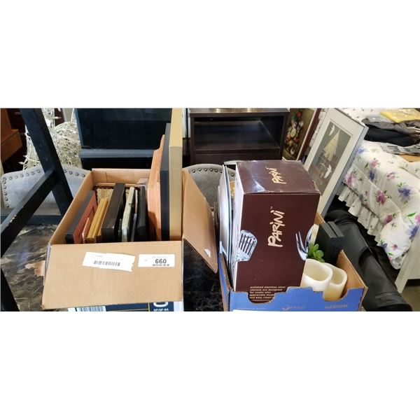 2 BOXES OF ESTATE COLLECTIBLES AND PICTURE FRAMES
