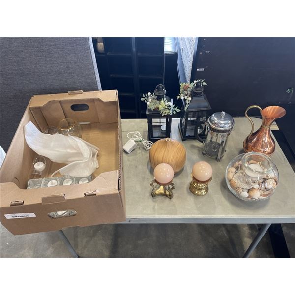 BOX OF LATERNS, BRASS JUG, COFFEE MIXER AND MORE