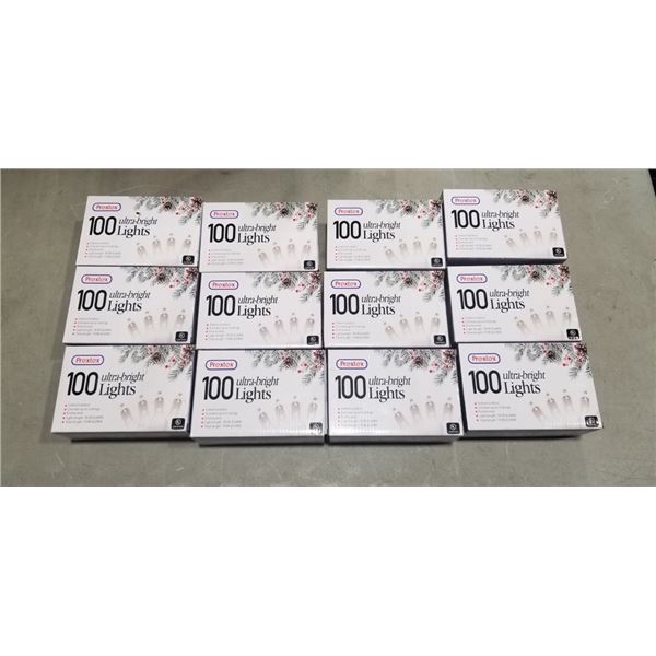 12 NEW PREXTEX XMAS LIGHTS, 100 ULTRA BRIGHT LIGHTS PER PACKAGE