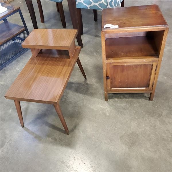 ANTIQUE OAK NIGHTSTAND AND MCM SIDE TABLE