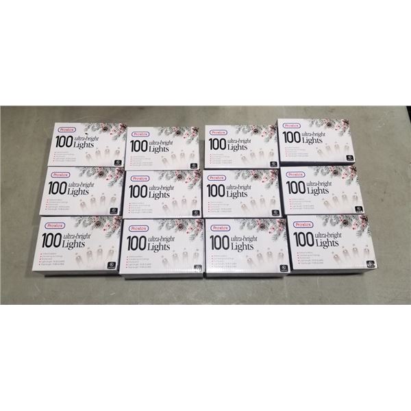 12 NEW PREXTEX XMAS LIGHTS, 100 ULTRA BRIGHT LIGHTS PER PACKAGE