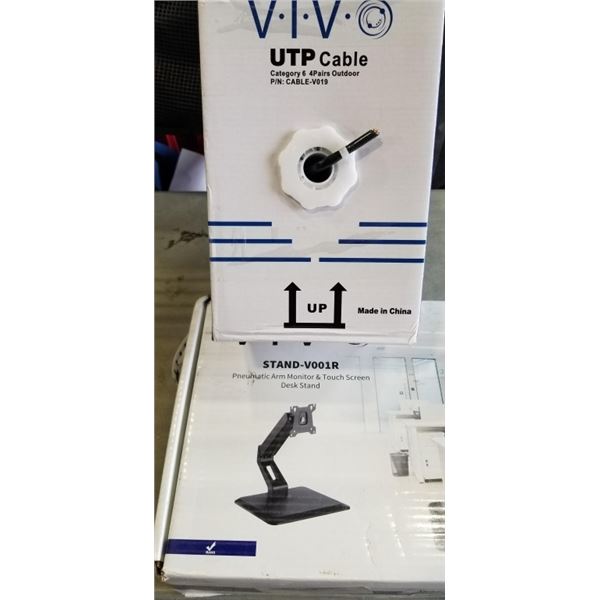 VIVO PNEUMATIC ARM DESK STAND AND APPROX 200 FT OF CAT 6 CABLE