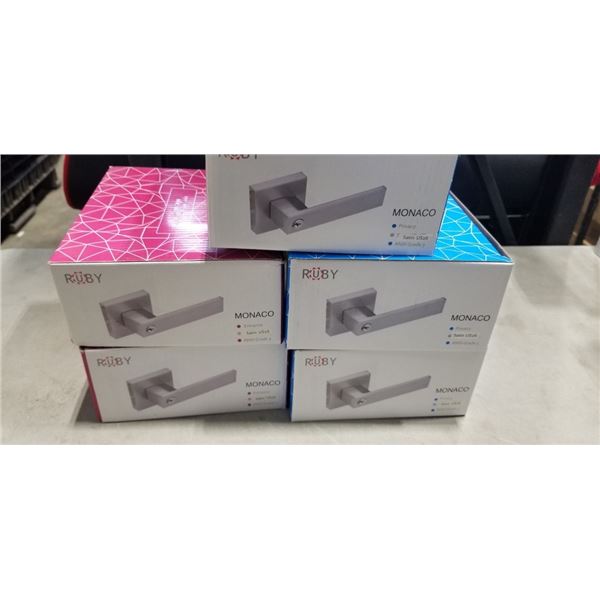 5 NEW MONACO DOOR LOCKS, US26 SATIN FINISH, ANSI GRADE 3, 3 PRIVACY AND 2 ENTRANCE