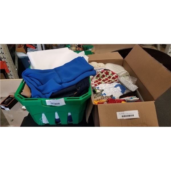 TOTE OF SEWING FABRIC AND BOX OF SEWING NOTIONS