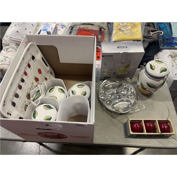 PORCELAIN CANNISTERS AND FAUX FRUIT
