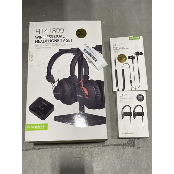AVANTREE HT41899 WIRELESS DUAL HEADPHONE SET, HF027 EXTRA LONG METAL EARPHONES AND E171 WIRED SPORTS