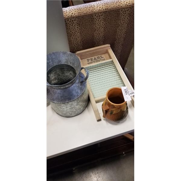 GLASS WASHBOARD WITH METAL BUCKET AND ROSEVILLE VASE