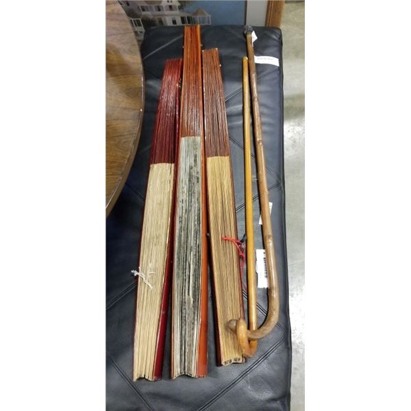 3 EASTERN HAND FANS AND 2 CANES