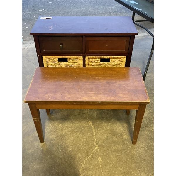 STORAGE CABINET WITH RATTAN BASKETS AND SMALL STORAGE BENCH