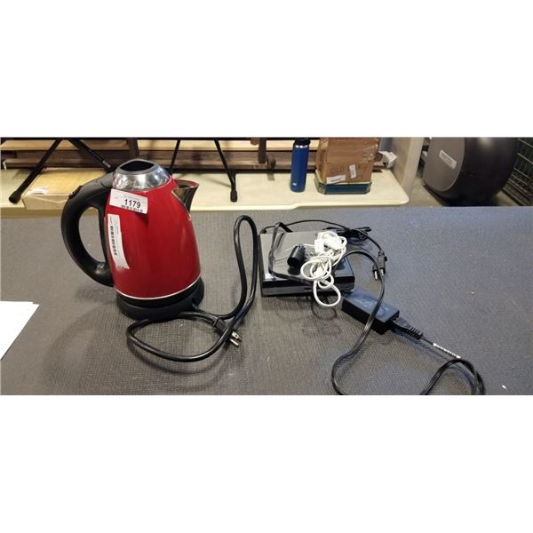 HP MINI DESKTOP COMPUTER, MORPHY RICHARDS ELECTRIC KETTLE AND LIGHT BULB CORD