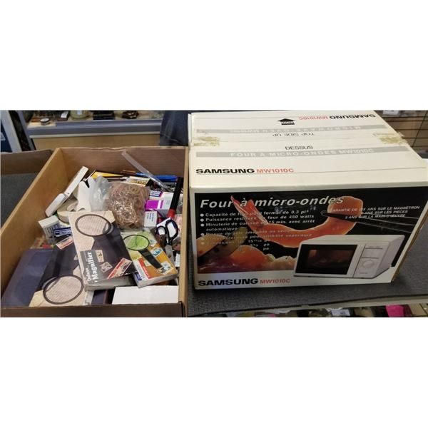 ASSORTED OFFICE SUPPLIES AND VINTAGE SAMSUNG MICROWAVE