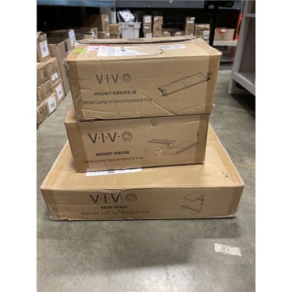 VIVO BLACK SWIVEL COUCH DESK, 20 INCH X 15 INCH, VIVO WHITE LOCKABLE UNDER DESK DRAWER, AND UNDER DE