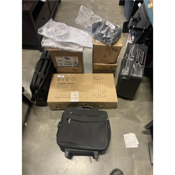LOT OF LIGHTS, HAND SANITIZER, SPEAKER STANDS AND LUGGAGE