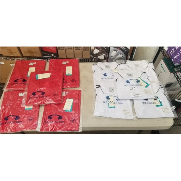 5 NEW LADIES SIZE 8 WHITE GOLF SHIRTS AND 5 NEW RED ATHLETIC SHIRTS SIZE 8